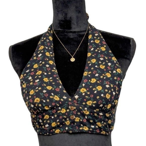 Urban Outfitters Out From Under Black Floral Crop Top Bralette Halter Tie Small - Picture 2 of 5
